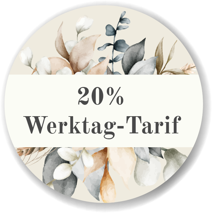 Rundes Abzeichen mit aquarellierten Blättern und Text 20% Werktag-Tarif auf beigem Hintergrund - perfekt für Hochzeitsfotograf Lenderstuben Balzhausen Werbeaktionen.